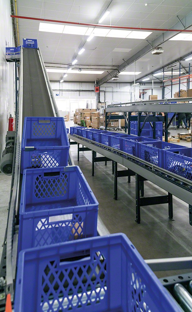 La mercancía de la bodega desciende hasta la zona de consolidación de pedidos