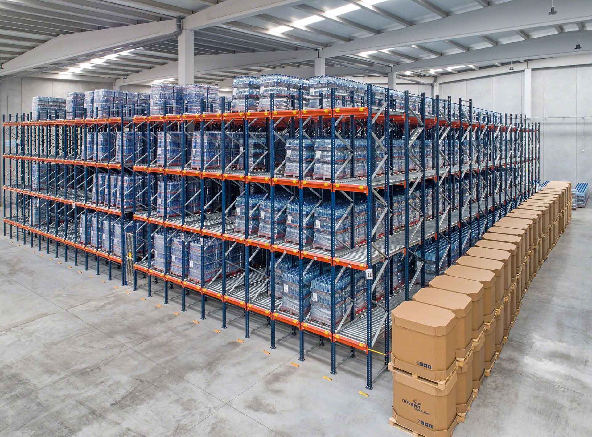 Warehouse equipped with flow racking systems with rollers
