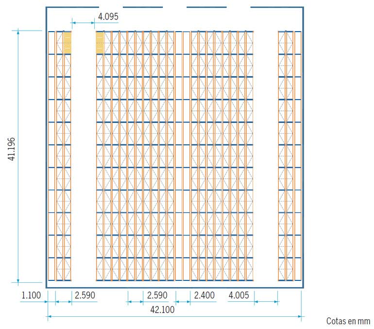 Plano bodega con racks sobre bases móviles