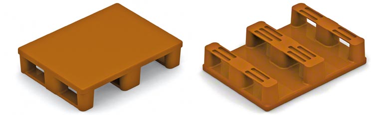 Este es el medio pallet en plástico. Se han de tener en cuenta las mismas precauciones que con los de madera. Es preciso tener cuidado con la resistencia de los patines inferiores.
